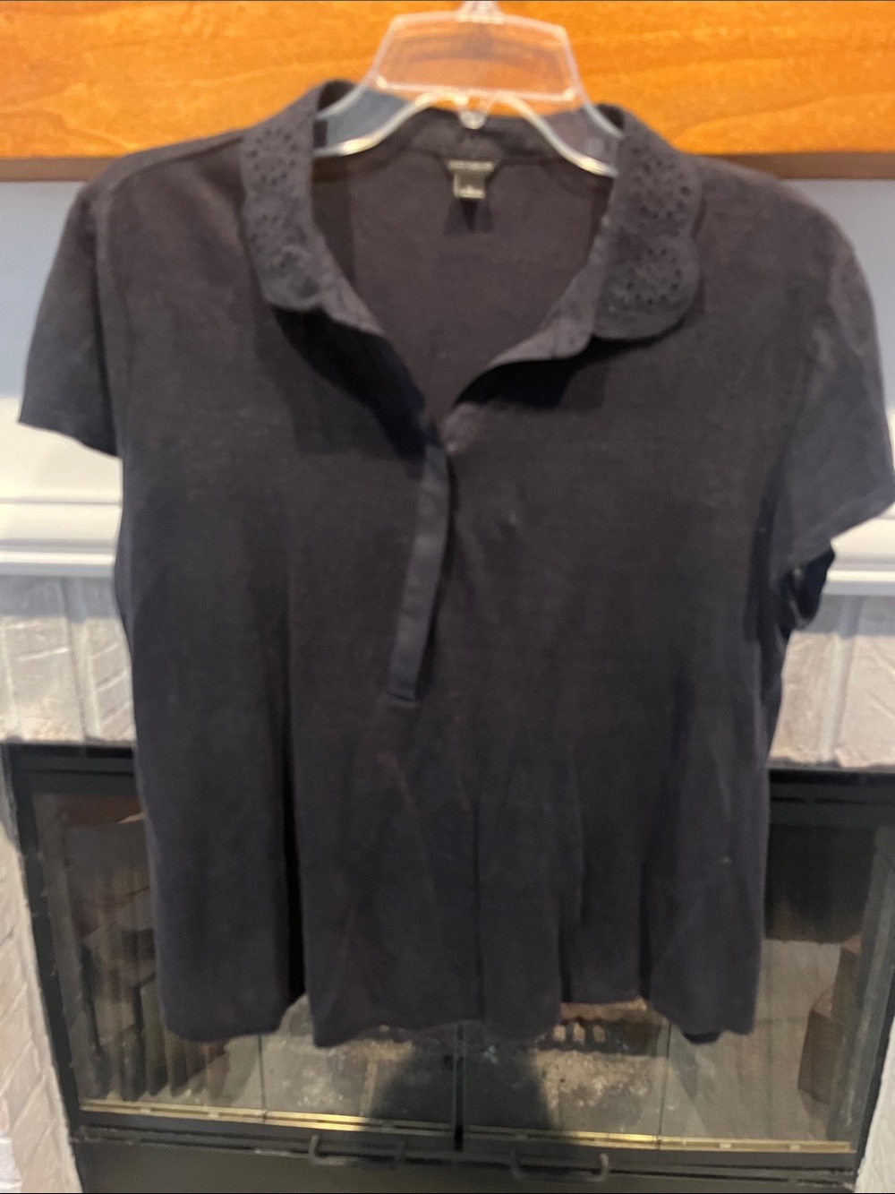 Ann Taylor Black Short-Sleeve Button-Down Top with Eyelet Collar